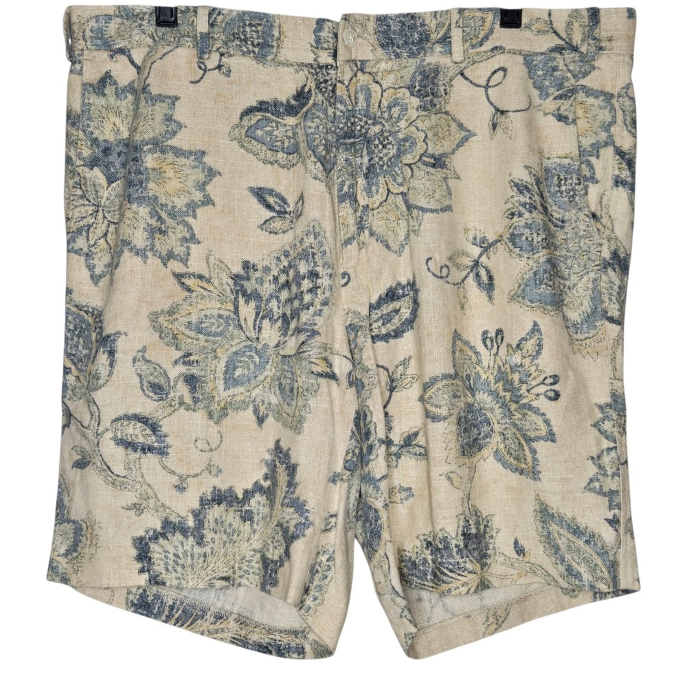 J McLaughlin Mens 38 Floral Linen Blend Short Beige Blue Coastal Grandad Preppy